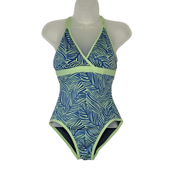 L.L.Bean Swimsuit Womens 6 Blue Green One Piece Leaf Print Built in Bra UPF 50+ - Picture 2 of 11